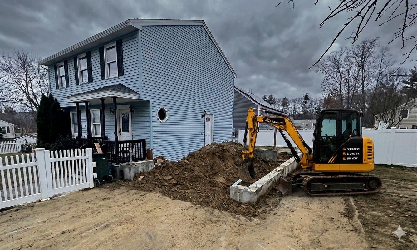 Mini excavator working on foundation